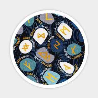 Mystical Viking Runes // pattern // black background blue grey and teal stones golden letters of the runic alphabet Magnet